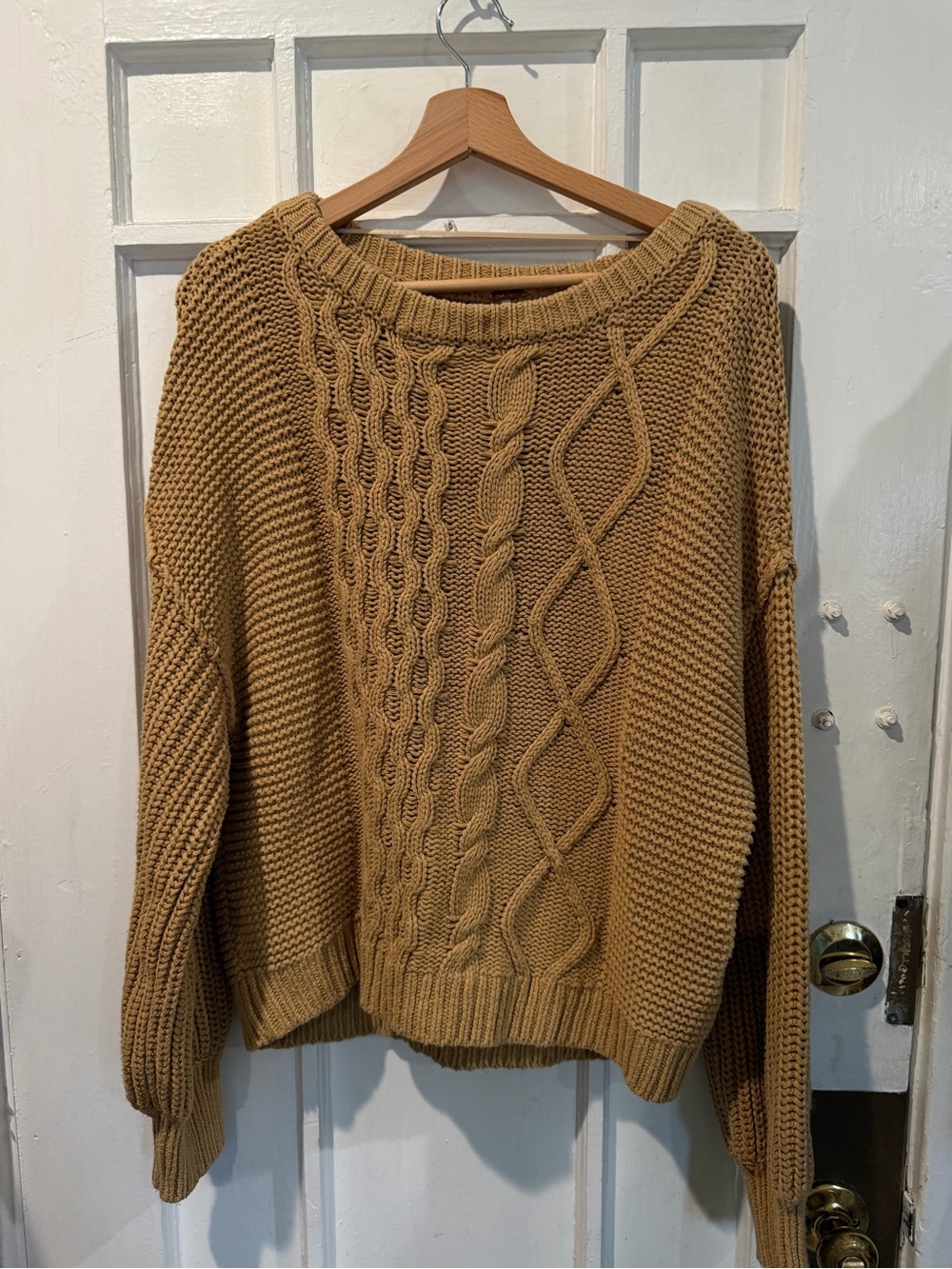 Free People Cable Knit Sweater in Camel Tan
